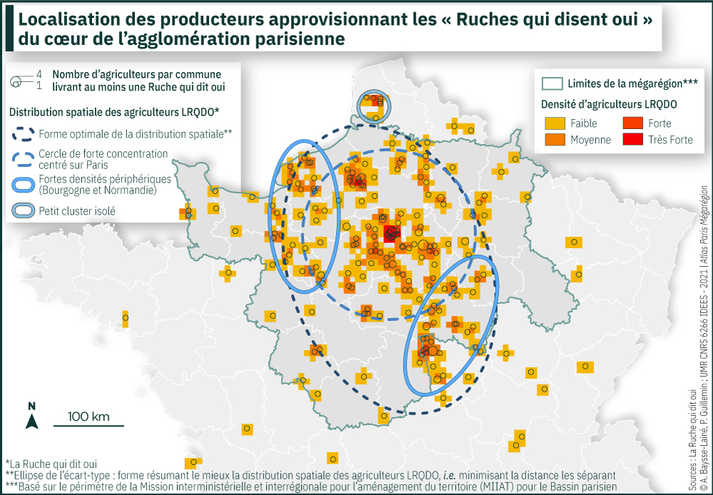 Localisation des producteurs approvisionnant les « Ruches qui disent oui » du cœur de l’agglomération parisienne