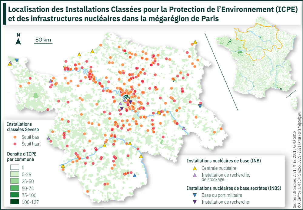 Localisation des Installations Classées pour la Protection de l'Environnement (ICPE) et des infrastructures nucléaires dans la mégarégion de Paris