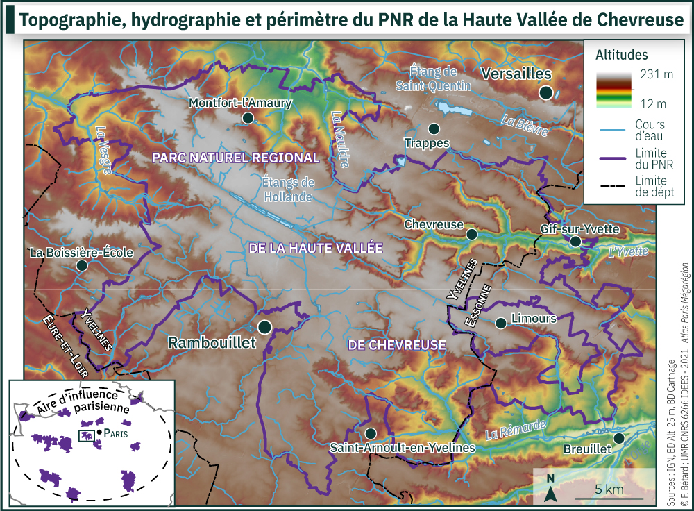 Topographie, hydrographie et périmètre du Parc Naturel Régional de la Haute Vallée de Chevreuse