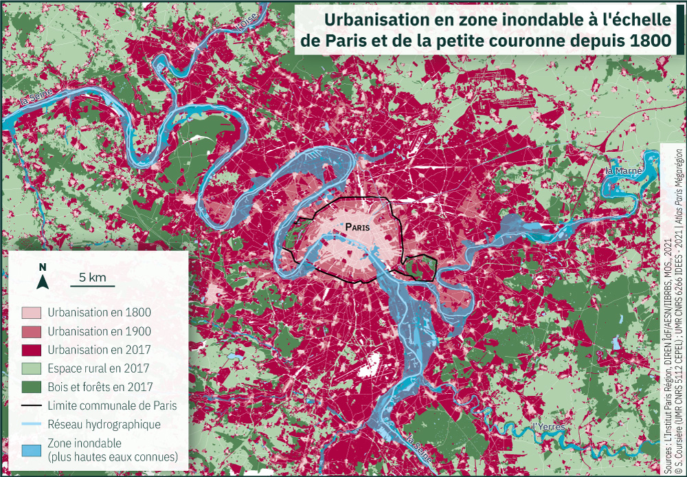 Urbanisation en zone inondable à l'échelle de Paris et la petite couronne depuis 1800