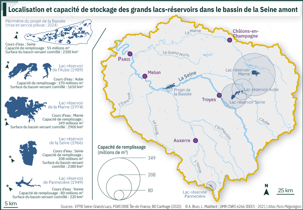 Localisation et capacité de stockage des grands lacs-réservoirs dans le bassin de la Seine amont
