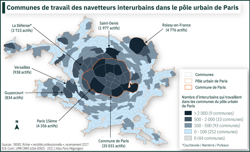 Communes de travail des navetteurs interurbains dans le pôle urbain de Paris