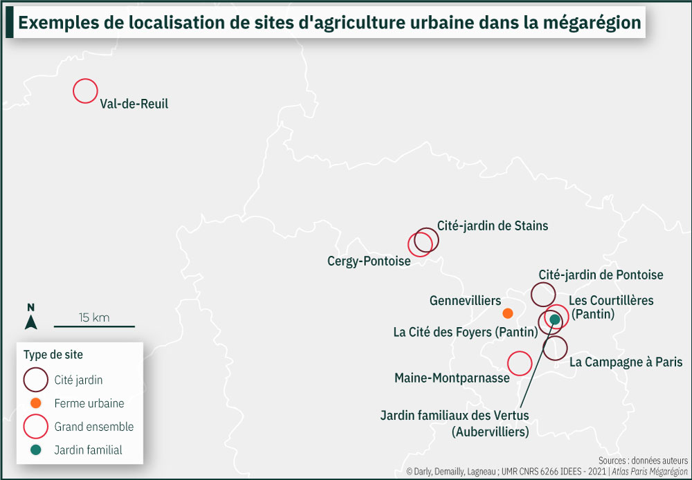 Exemples de localisation de sites d'agriculture urbaine dans la mégarégion
