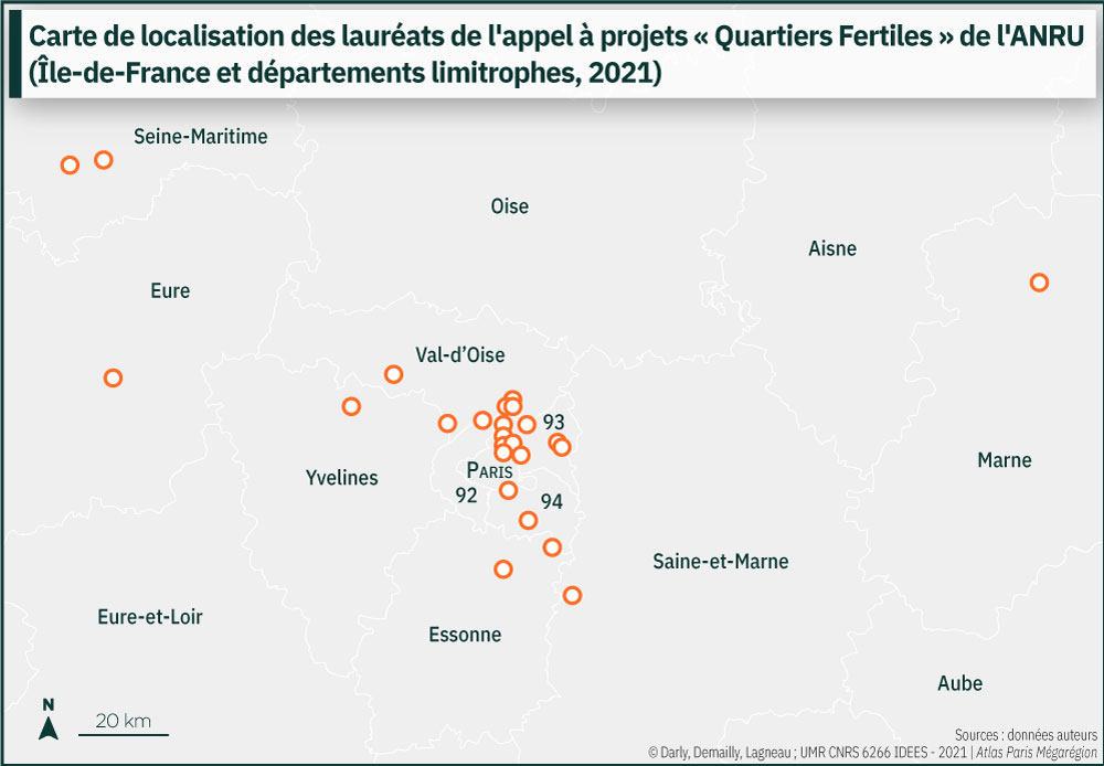Carte de localisation des lauréats de l'appel à projets Quartiers Fertiles de l'ANRU