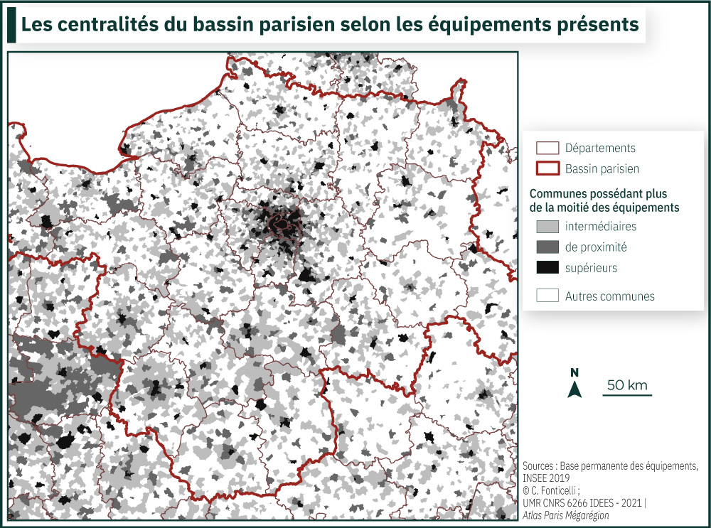 Les centralités du bassin parisien selon les équipements présents