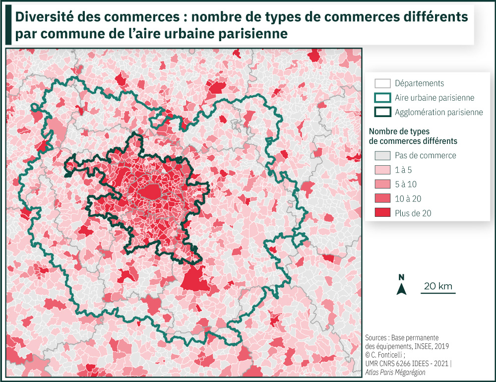 Diversité des commerces : nombre de types de commerces différents par commune de l'aire urbaine parisienne