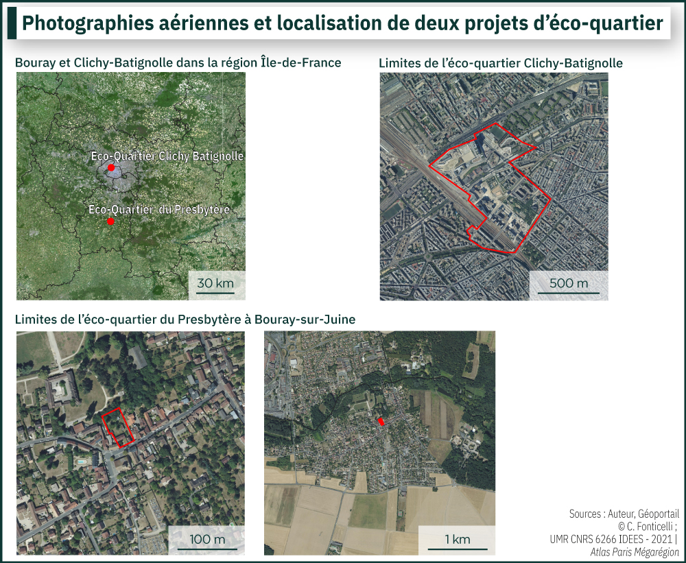 Photographies aériennes et localisation de deux projets d'éco-quartier