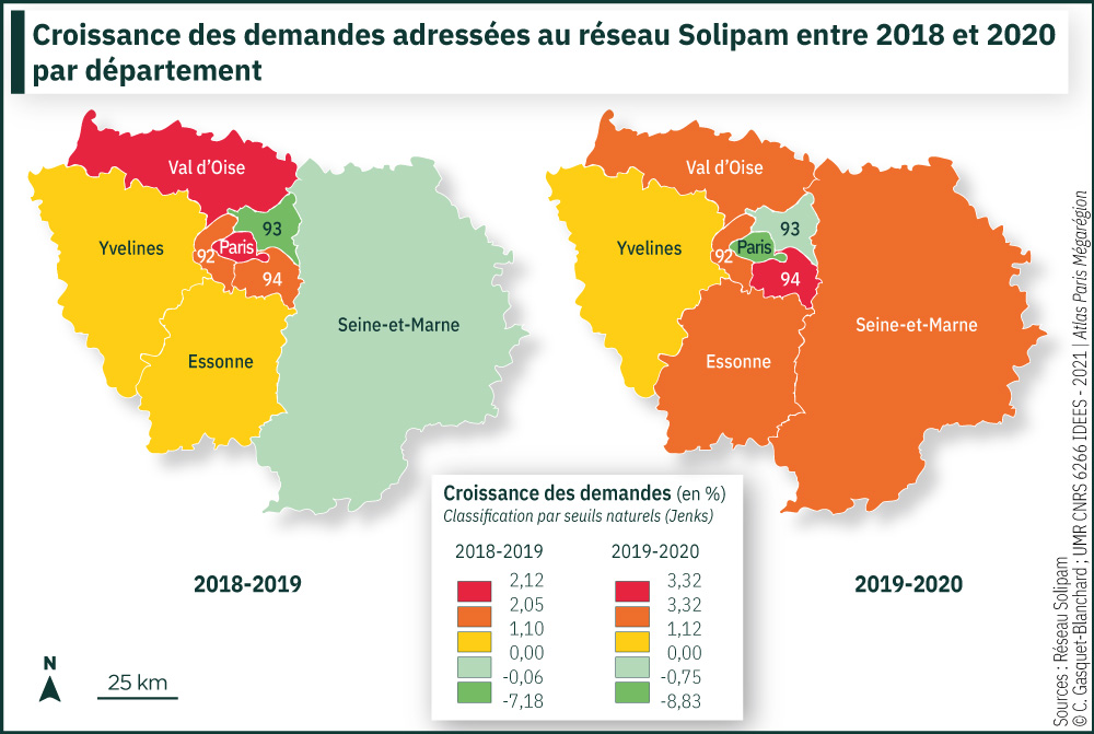 Croissance des demandes adressées au réseau SOLIPAM entre 2018 et 2020 par département