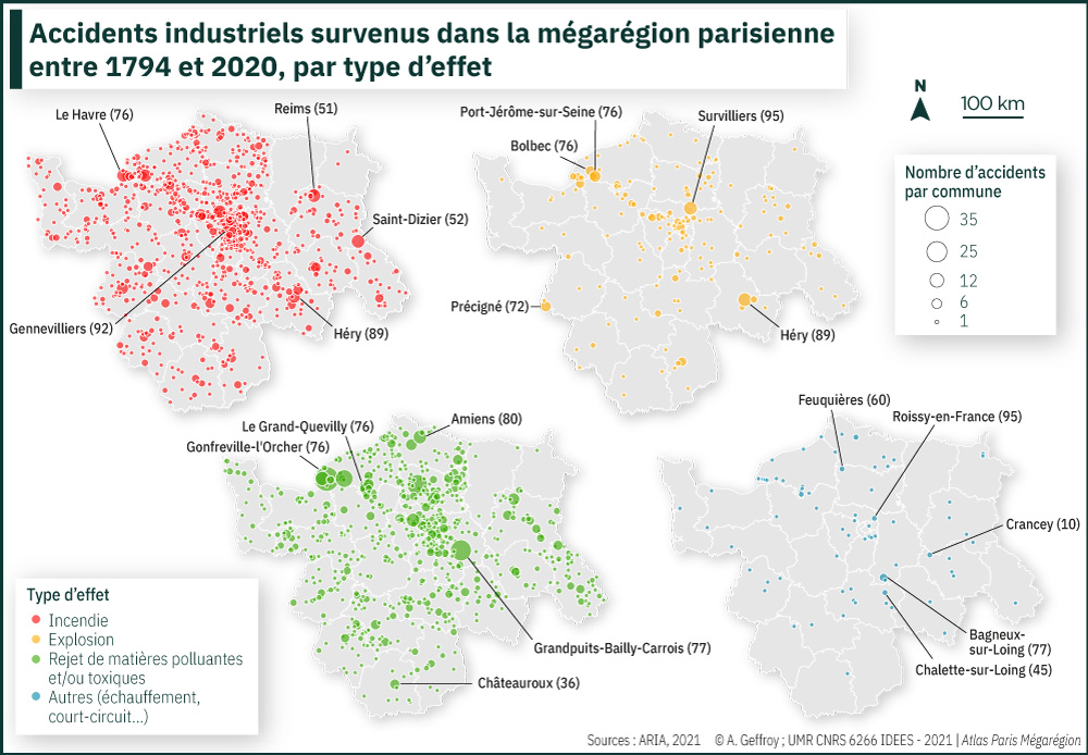 Accidents industriels survenus dans la mégarégion parisienne entre 1794 et 2020, par type d'effet