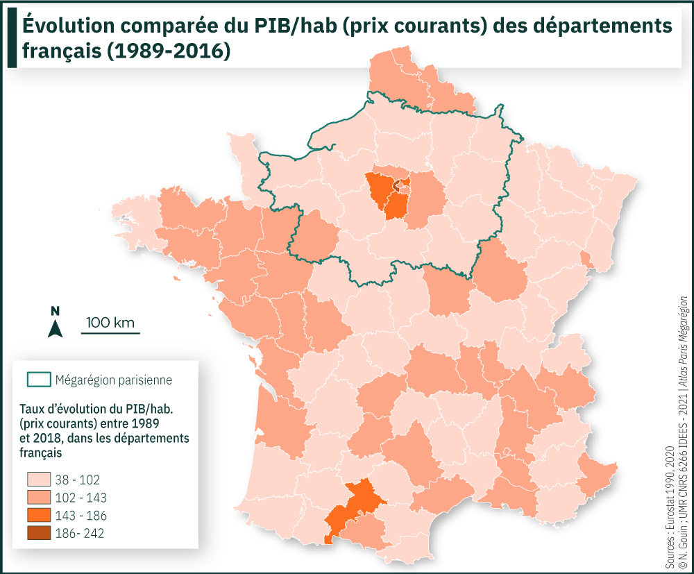 Évolution comparée du PIB/hab (prix courants) des départements français (1989-2016)