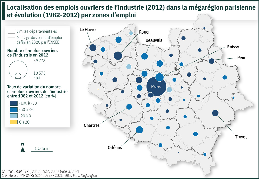 Localisation des emplois ouvriers de l’industrie (2012) dans la mégarégion parisienne et évolution (1982-2012) par zones d’emploi