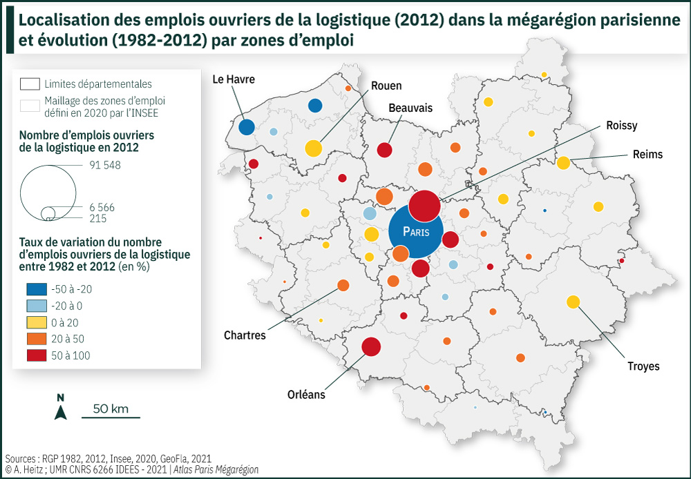 Localisation des emplois ouvriers de la logistique (2012) dans la mégarégion parisienne et évolution (1982-2012) par zones d’emploi