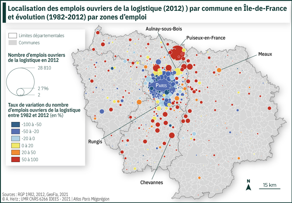 Localisation des emplois ouvriers de la logistique (2012) par commune en Île-de-France et évolution (1982-2012)