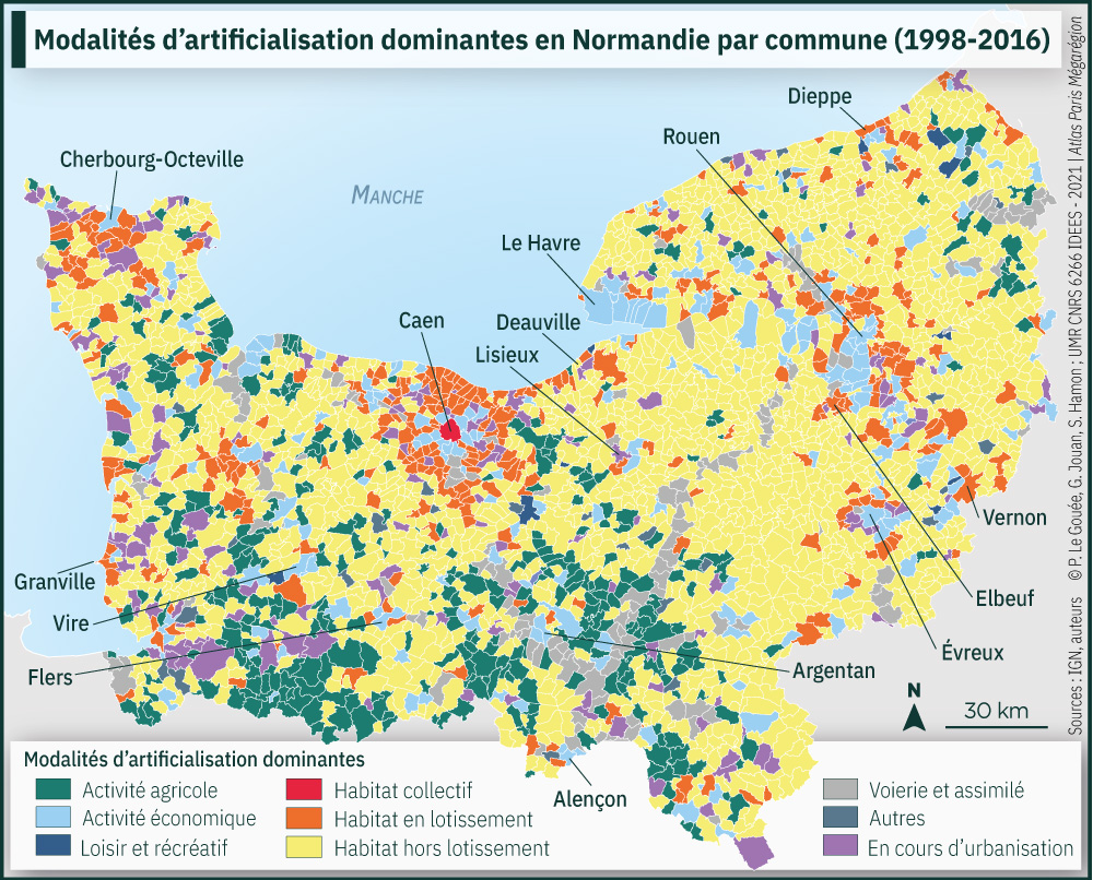 Modalités d'artificialisation dominantes en Normandie par commune (1998-2016)