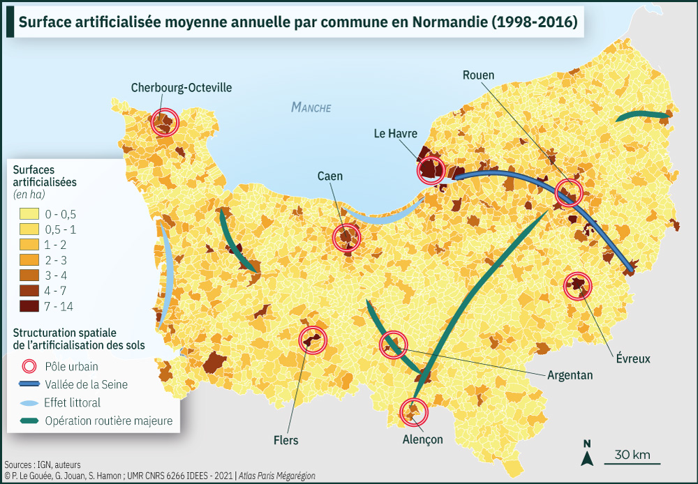 Surface artificialisée moyenne annuelle par commune en Normandie (1998-2016)