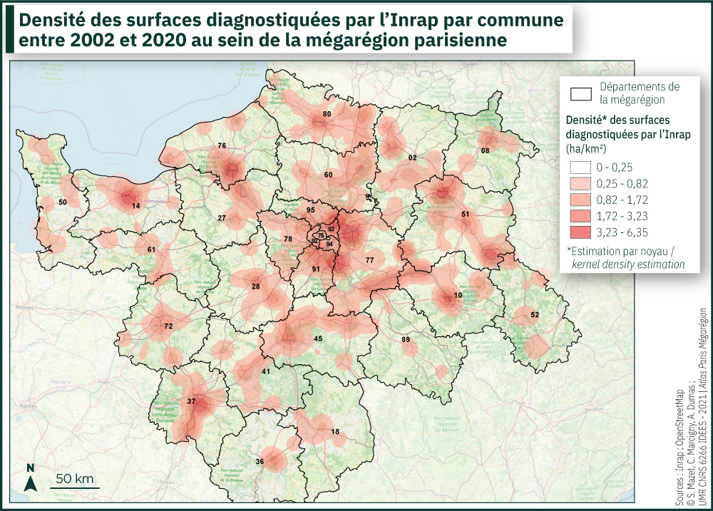 Densité des surfaces diagnostiquées par l’Inrap par commune entre 2002 et 2020 au sein de la mégarégion parisienne