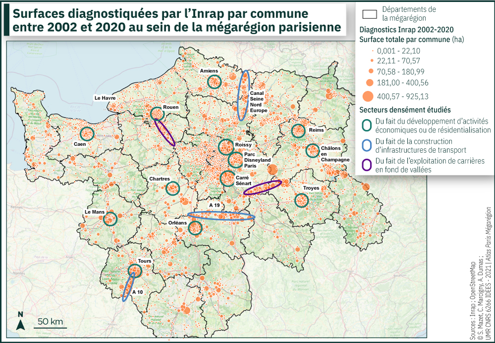 Surfaces diagnostiquées par l’Inrap par commune entre 2002 et 2020 au sein de la mégarégion parisienne