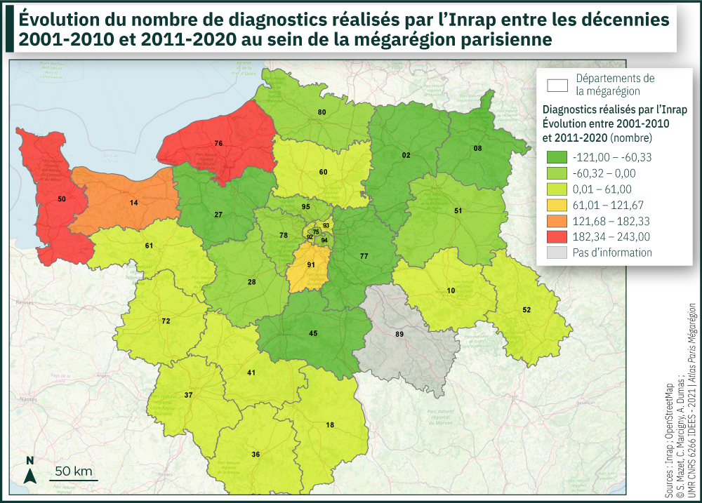 Évolution du nombre de diagnostics réalisés par l’Inrap entre les décennies 2001-2010 et 2011-2020 au sein de la mégarégion parisienne