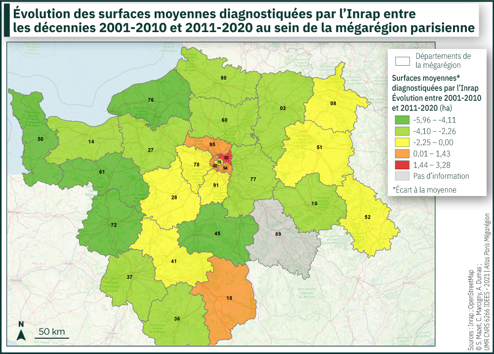 Évolution des surfaces moyennes diagnostiquées par l’Inrap entre les décennies 2001-2010 et 2011-2020 au sein de la mégarégion parisienne