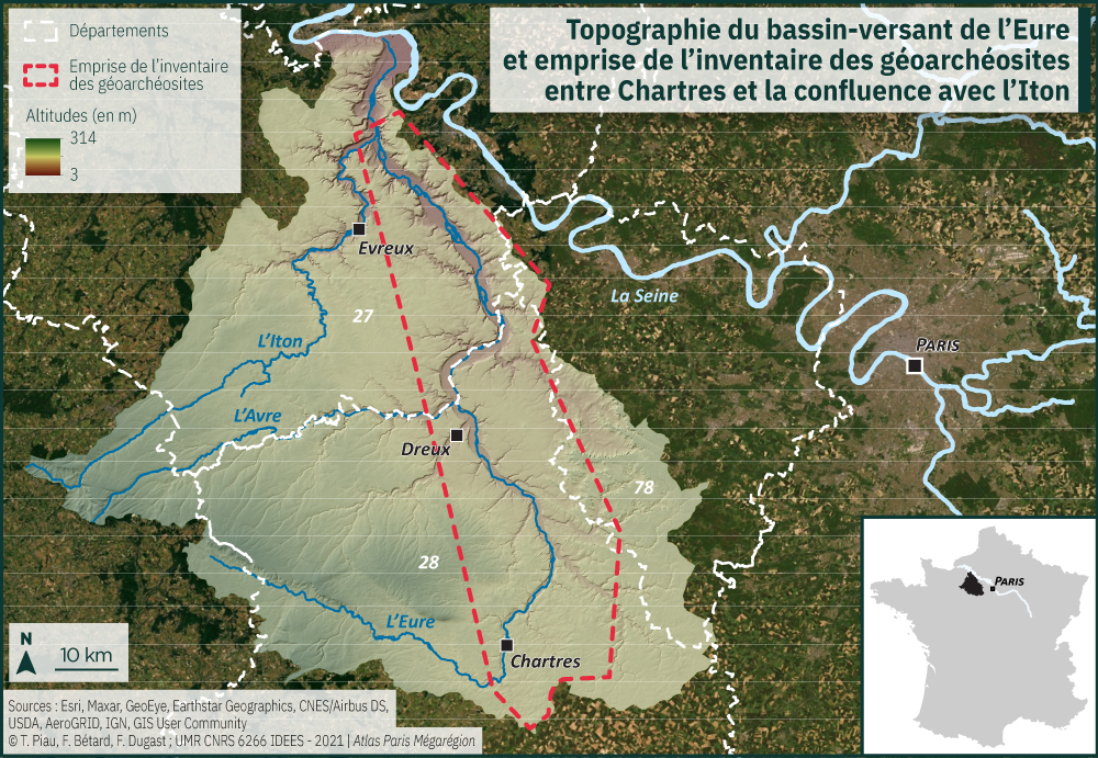 Topographie du bassin-versant de l'Eure et emprise de l'inventaire des géoarchéosites entre Chartres et la confluence avec l'Iton