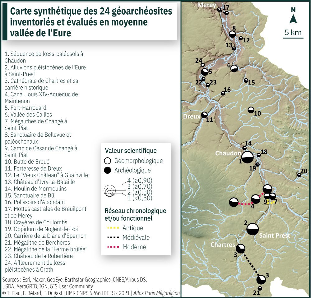 Carte synthétique des 24 géoarchéosites inventoriés et évalués en moyenne vallée de l'Eure