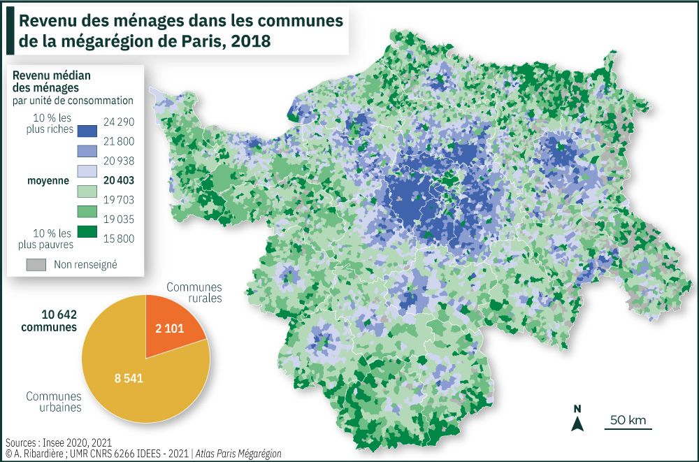 Revenu des ménages dans les communes de la mégarégion de Paris, 2018