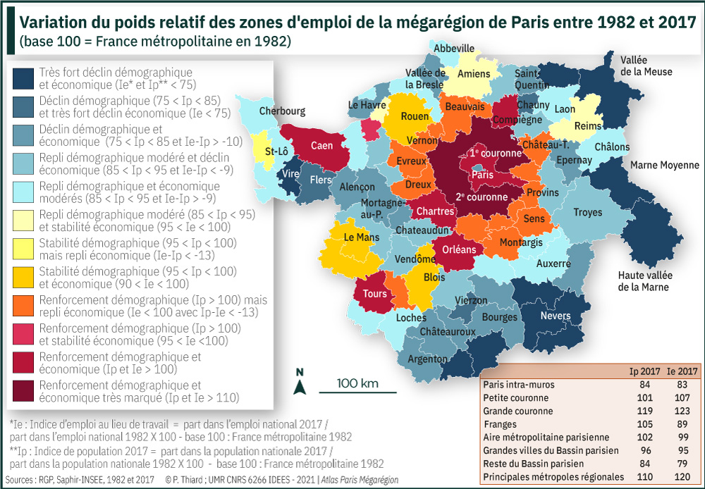 Variation du poids relatif des zones d'emploi de la mégarégion de Paris entre 1982 et 2017